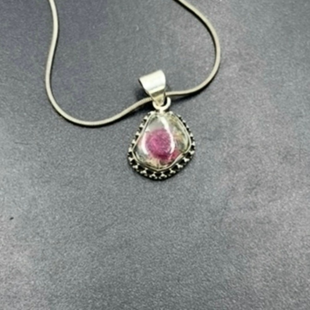 Sterling Silver 925 Watermelon Tourmaline Pendant Necklace16" Chain‎ Bezel